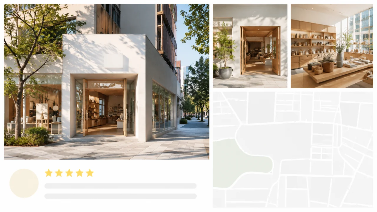 阳光街区地图资料桌上的店面远景、入口和室内照片组